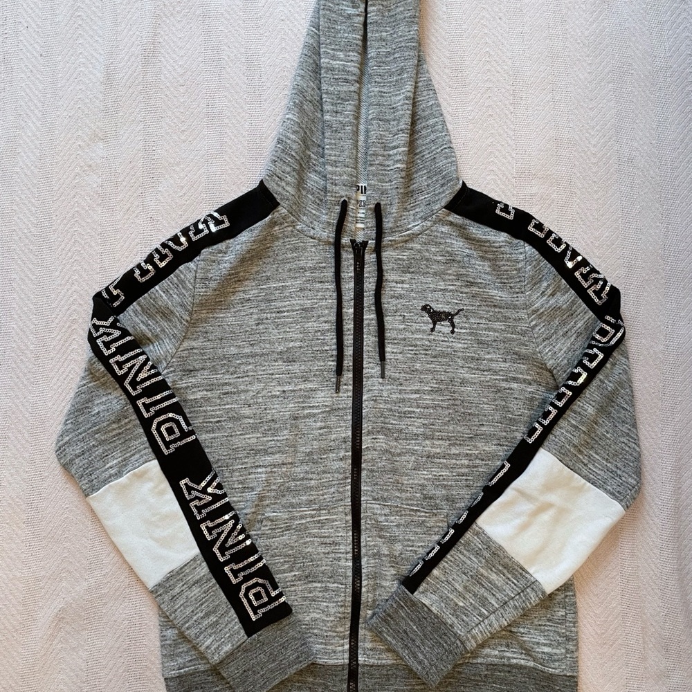 pink victorias secret size medium sparkly grey zip up hoodie